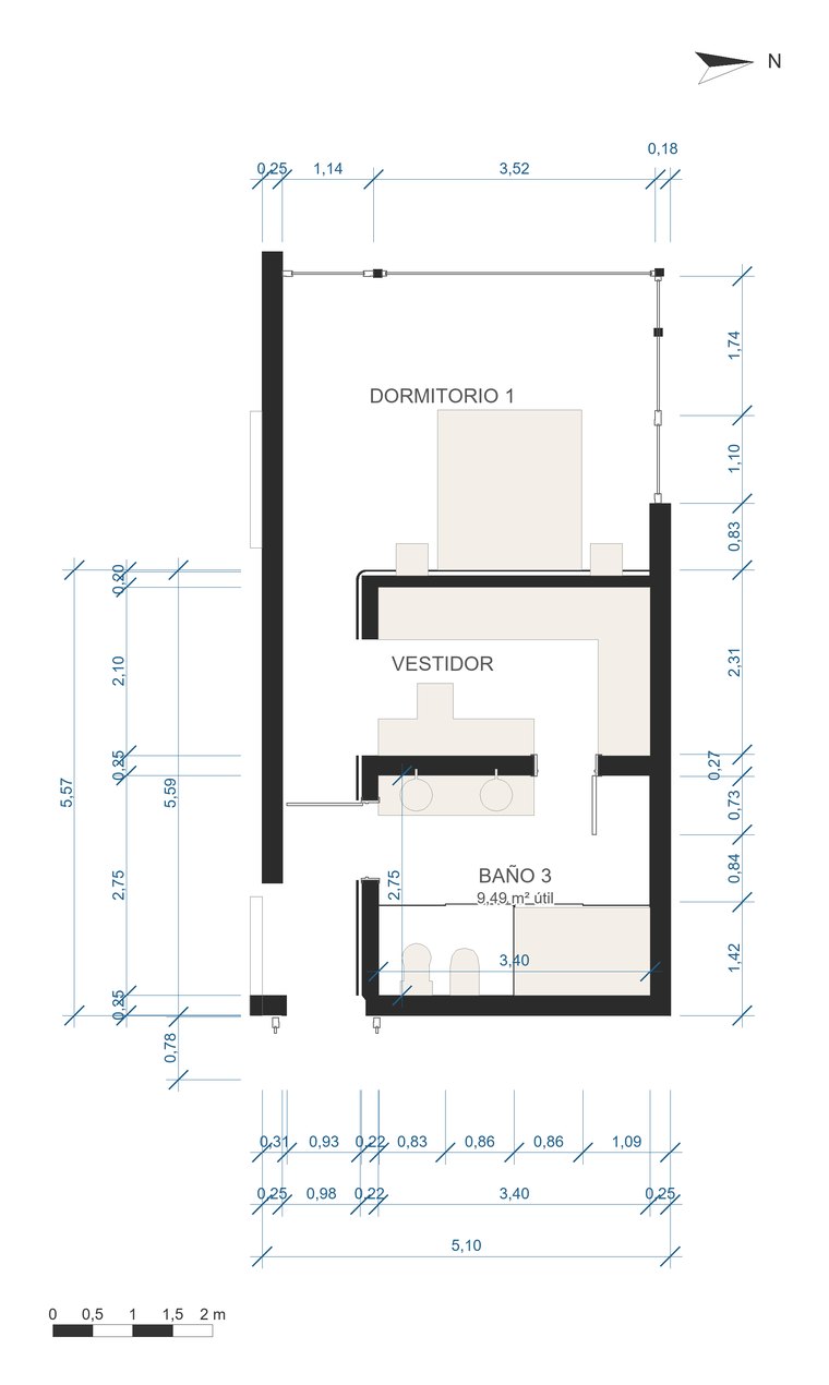 Suite principal: Dormitorio 1 + Baño 3 + Vestidor