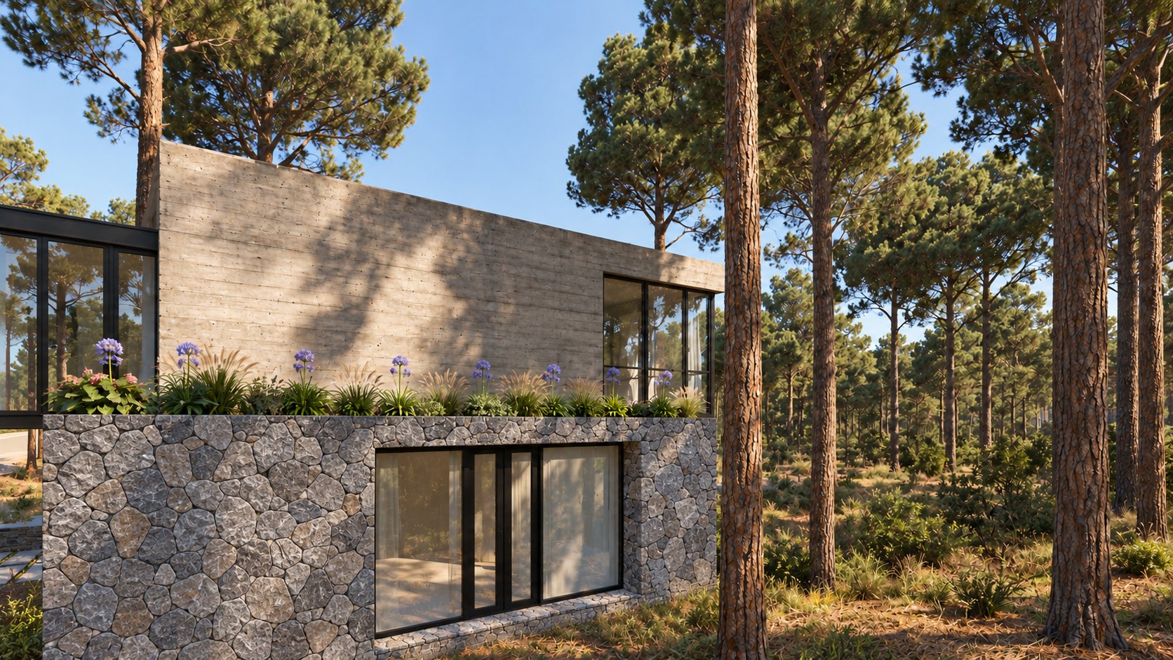 Patio hacia el sudoeste · opción piedra Tandil gris